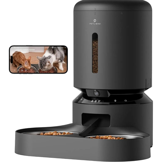 PETLIBRO 5L Automatic Cat Feeder with HD Camera for Two Cats, 1080P Video with Night Vision, 5G WiFi Connectivity, 2-Way Audio, and Motion & Sound Alerts, Dual Tray Design, Black