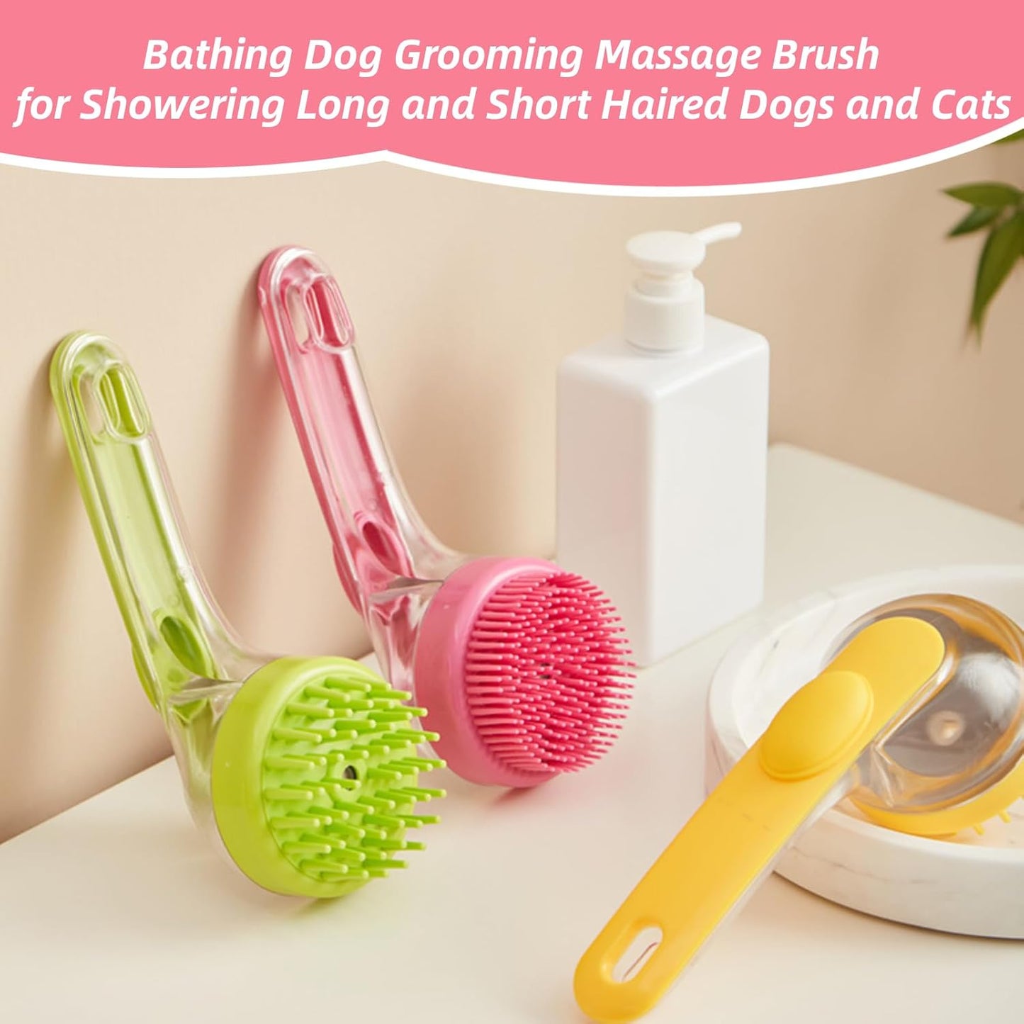 Dog Bath Brush, 2 in 1 Pet Grooming Bath Massage Brush with Soap and Shampoo Dispenser Soft Silicone Bristle Dog Scrubber for Long Short Haired Dogs Cats Shower-Yellow